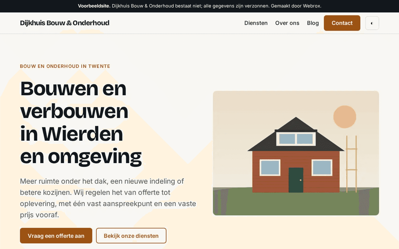 Homepage van de voorbeeldsite Dijkhuis Bouw & Onderhoud in de stijl Krachtig