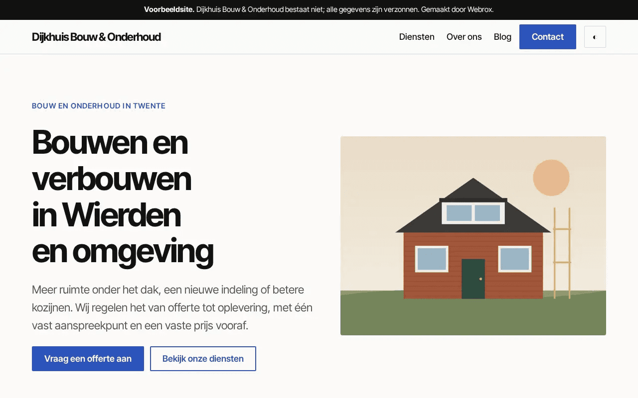 Homepage van de voorbeeldsite Dijkhuis Bouw & Onderhoud in de stijl Strak
