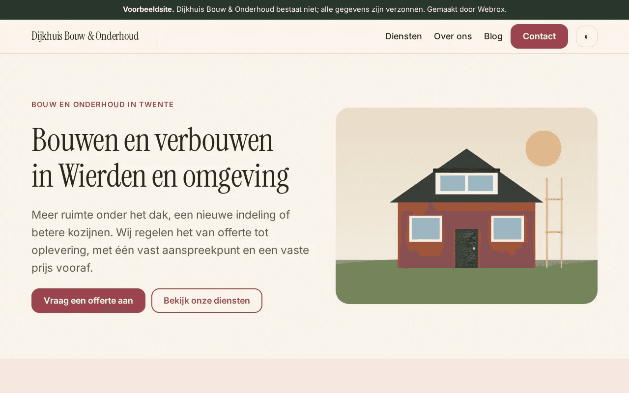 Homepage van de voorbeeldsite Dijkhuis Bouw & Onderhoud in de stijl Zacht